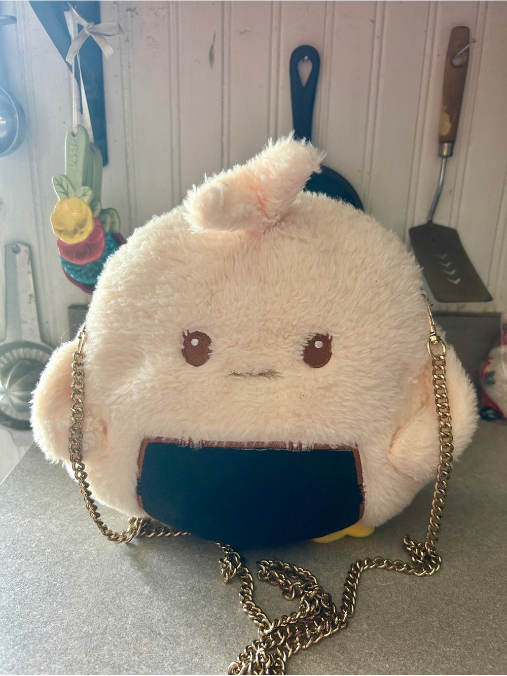 Plush Cream Character Crossbody Bag with Gold Chain Strap